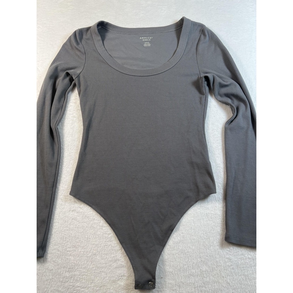 American Eagle Bodysuit Womens Medium Gray Ribbed Long Sleeve Scoop Neck Stretch
